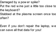 Damaged by a power spike? Put the red wine just a little too close to the keyboard? Stabbed at the plasma screen once too often?  Even if you don’t repair the laptop, we can save all that data for you!