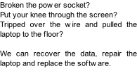 Broken the power socket? Put your knee through the screen? Tripped over the wire and pulled the laptop to the floor?  We can recover the data, repair the laptop and replace the software.