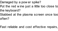 Damaged by a power spike? Put the red wine just a little too close to the keyboard? Stabbed at the plasma screen once too often?  Fast reliable and cost effective repairs, our speciality!